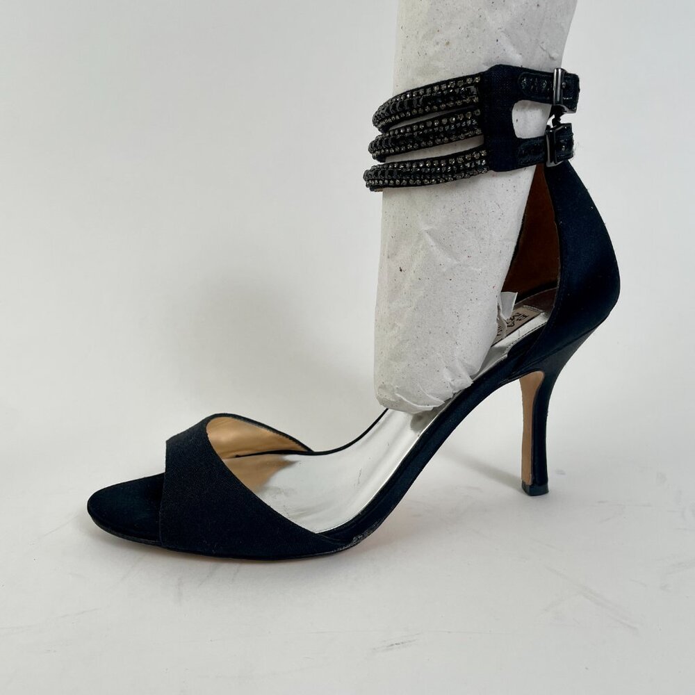 Badgley Mischka Dazzler Black Satin Strappy Heels With Beaded Ankle Strap, Sz 9
